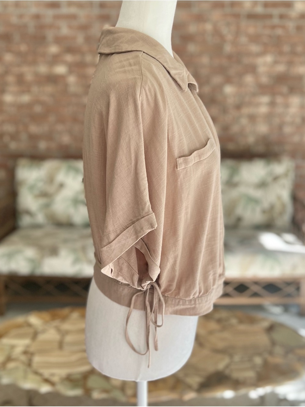Guess Tan Wrap Crop Top Linen Blend Woven Dolman Sleeve XL Festival - Picture 10 of 13